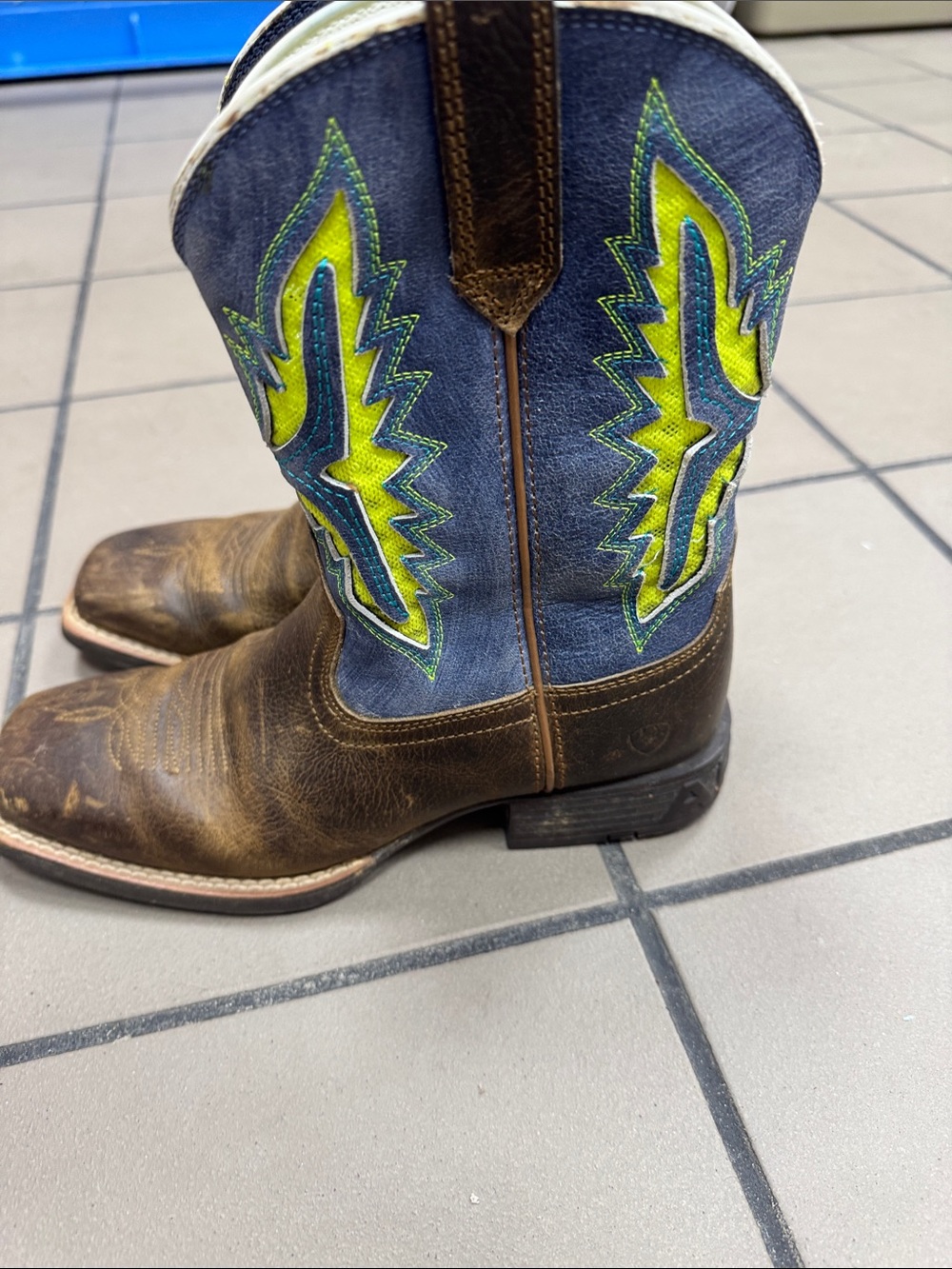 Ariat Brown Leather Kids Cowboy Boots with Blue & Lime Accents - Picture 2 of 5